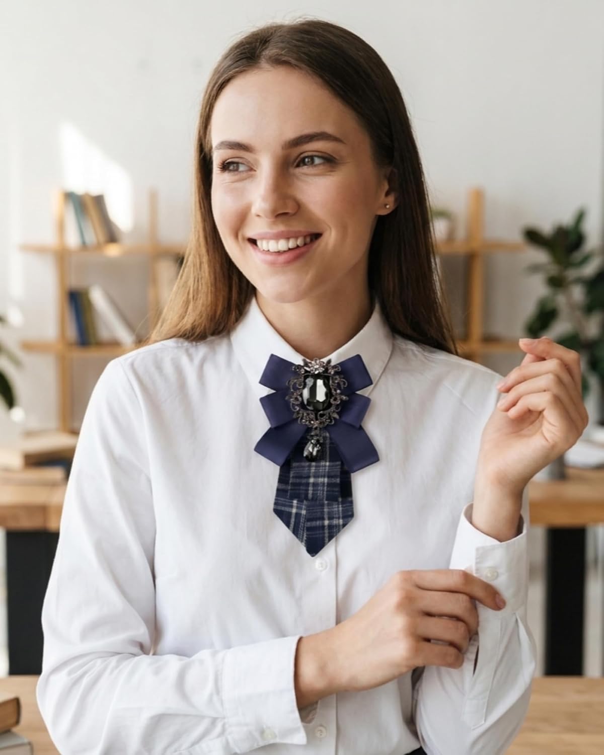 Bow Ties for Women Vintage, Adjustable Rhinestone Neck Tie with Big Crystal, Striped Pre-Tied Necktie for School