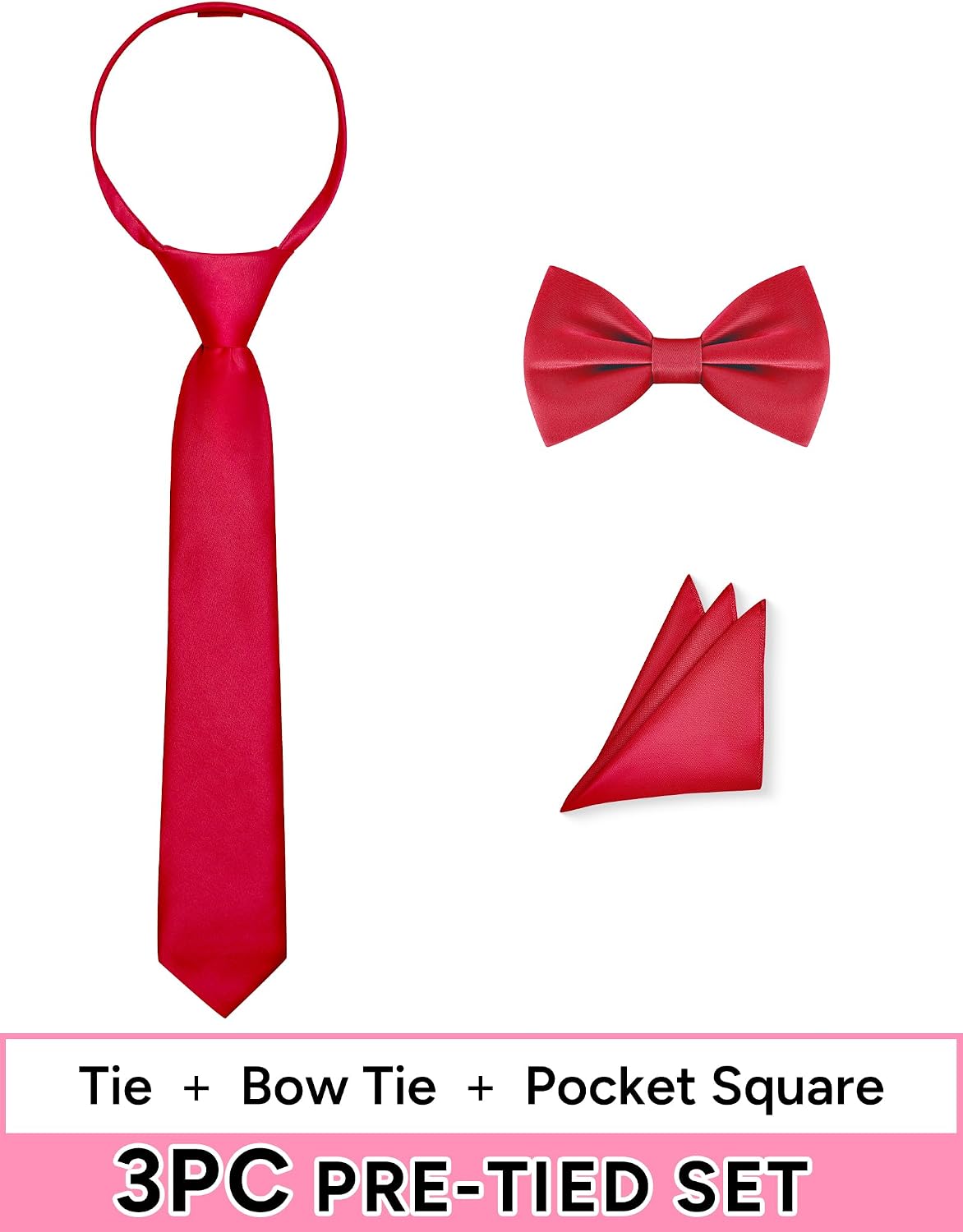 Pre-Tied Boys Set: Necktie, Bow Tie, Pocket Square | Adjustable Zipper Tie | Stain Formal Wear for Wedding Party
