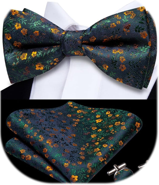 Dubulle Mens Paisley Striped Bowtie Set Pre-tied Bowtie for Men and Pocket Square Set Wedding Business