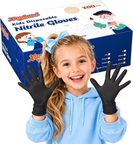 Kids Disposable Gloves, 5-Mil Safe Black Nitrile, XS, 100Ct