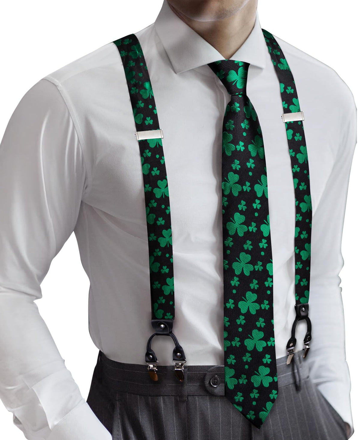 Barry.Wang Men Suspender Tie Sets Elastic Heavy 6 Clips Hanky Cufflink 5PCS