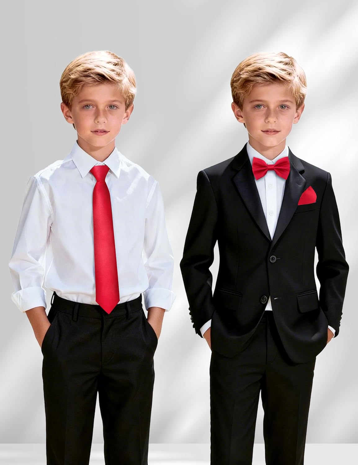 Boys Pre-tied Zipper Tie Elastic Strap Bowtie and Pocket Square 3-piece For Age 1-16 Years With Gift Box