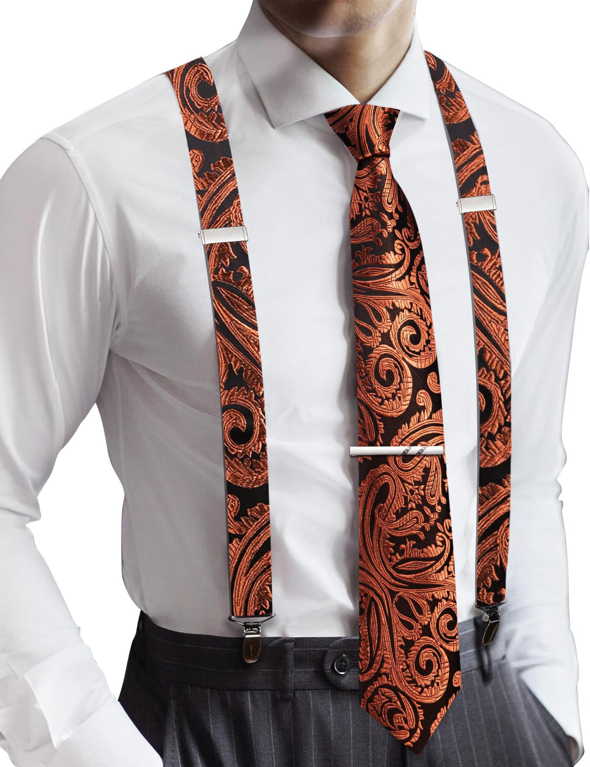 Barry.Wang Men Suspender Tie Sets Elastic Heavy 6 Clips Hanky Cufflink 5PCS