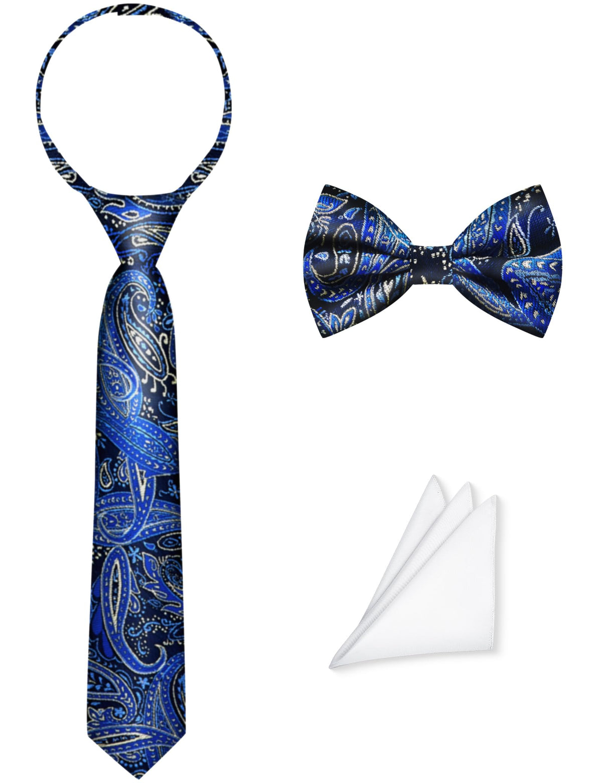 Pre-Tied Boys Set: Necktie, Bow Tie, Pocket Square | Adjustable Zipper Tie | Stain Formal Wear for Wedding Party