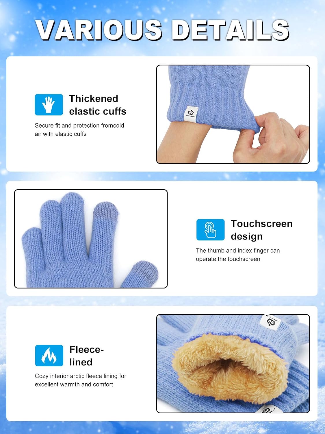 Kids Winter Gloves for Boys Girls, Fleece Lining Knitted Warm Gloves Touchscreen Thermal Children Mittens