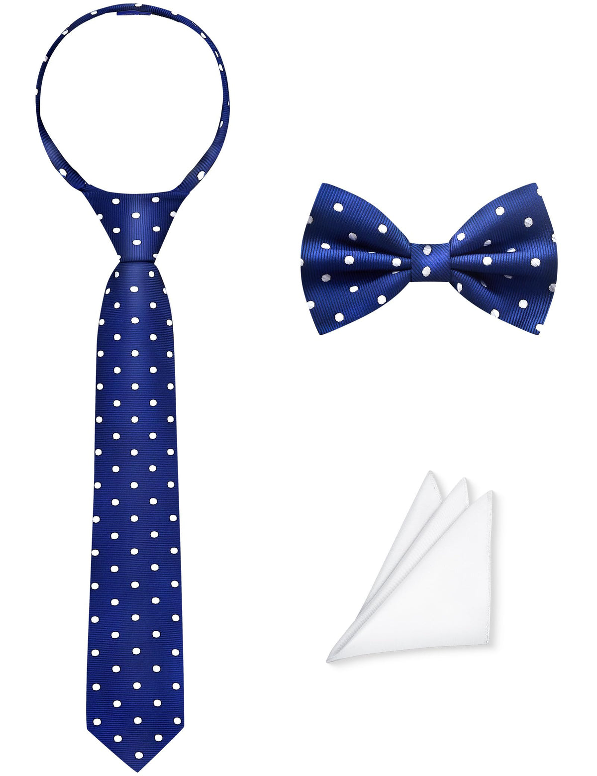Pre-Tied Boys Set: Necktie, Bow Tie, Pocket Square | Adjustable Zipper Tie | Stain Formal Wear for Wedding Party