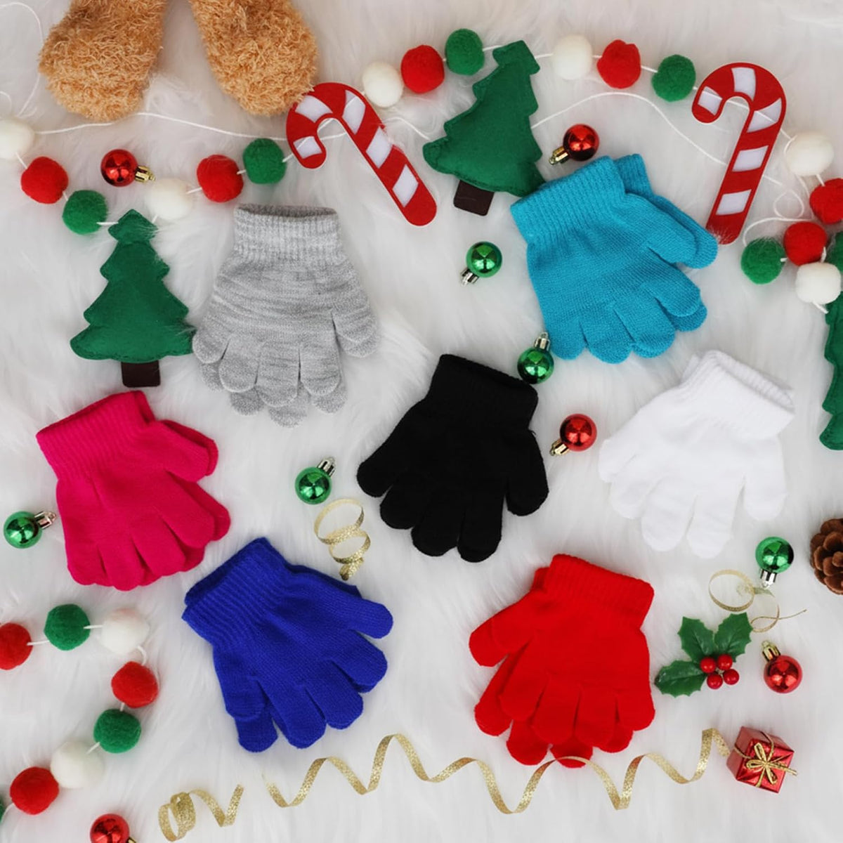 Coopay 12/24/48/100 Pairs Kids Winter Magic Gloves, Stretchy Full Finger Bulk Children Knitted Gloves for Boys Girls Student