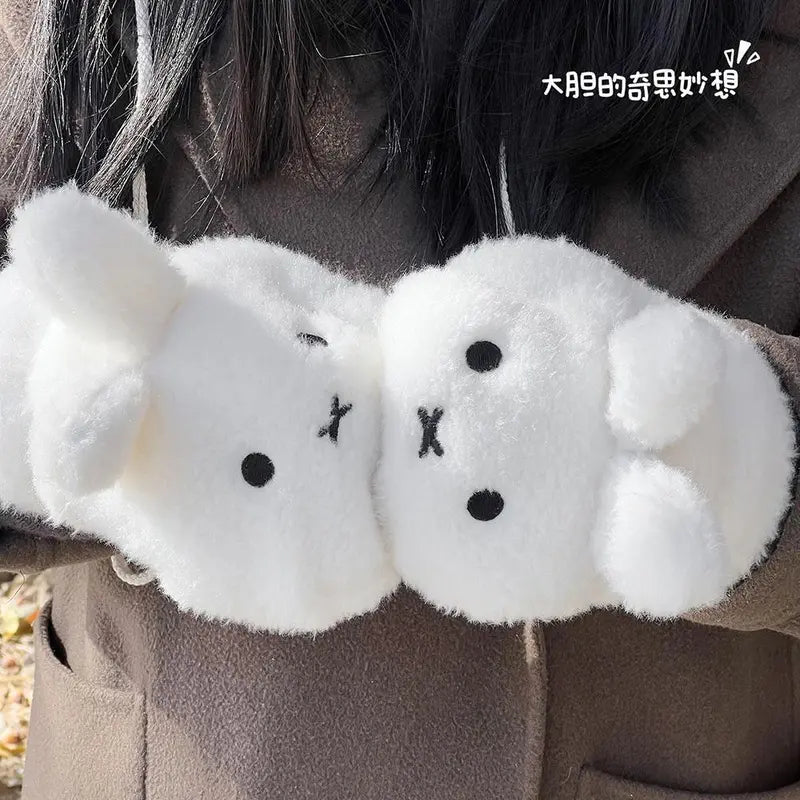 Kawaii Miffy Plush Mittens Cute Rabbit Warm Gloves Thicken Fuzzy Detachable Rope  Anti-Lost Strap Winter Outdoor Snow Girl Gift