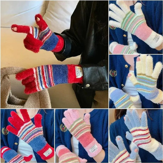 Girls' Korean Colorful Striped Acrylic+Cotton Knit Plush Winter Warm Touch Screen Gloves - Free Size, Outdoor Wear for Riding, Skiing