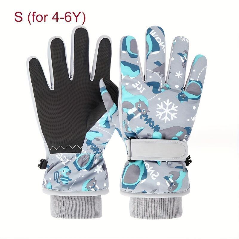 Kids' Thickened Full Hand Coldproof Ski Gloves, 4-5 Years+, Adjustable Wrist Strap, Colorful Designs, Warm for Skiing, Snowboarding