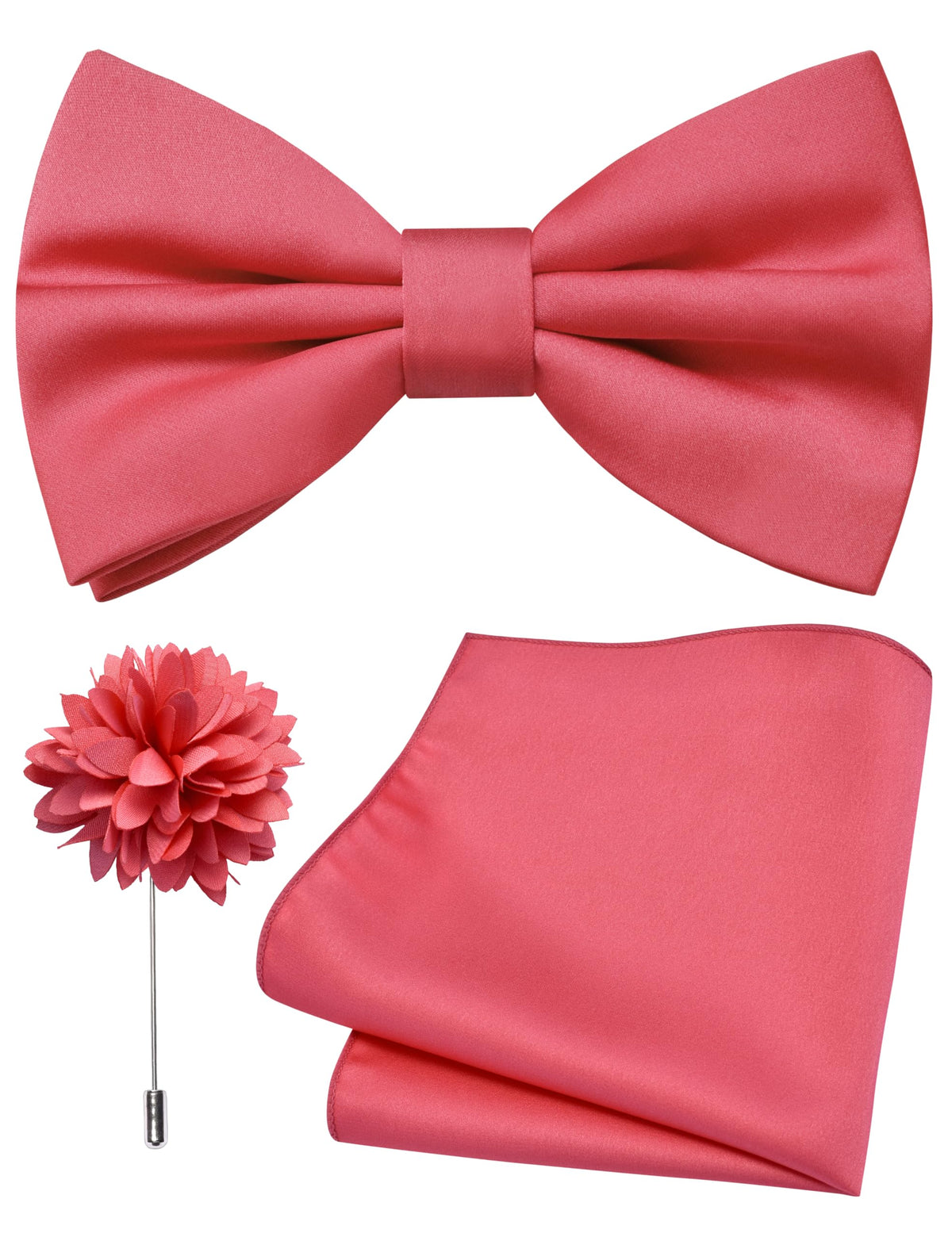 Branduce Solid Color Pre-tied Bow Tie and Pocket Square Lapel Pin Set for Men