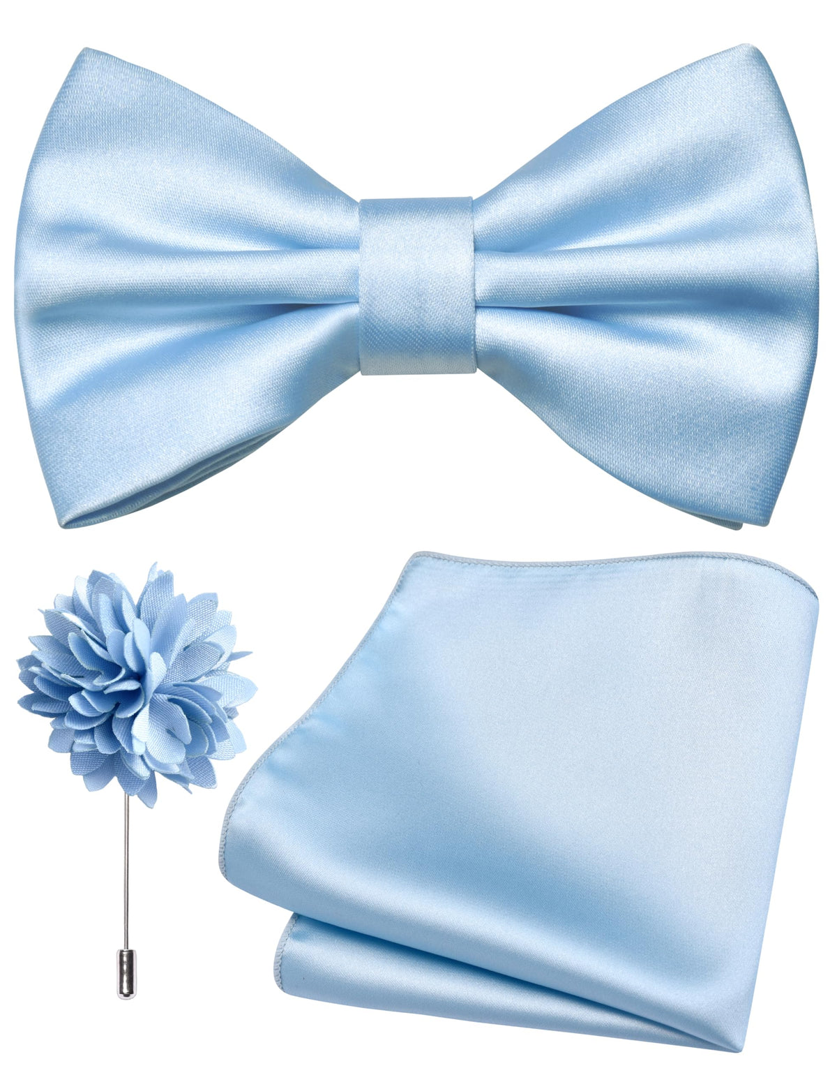 Branduce Solid Color Pre-tied Bow Tie and Pocket Square Lapel Pin Set for Men