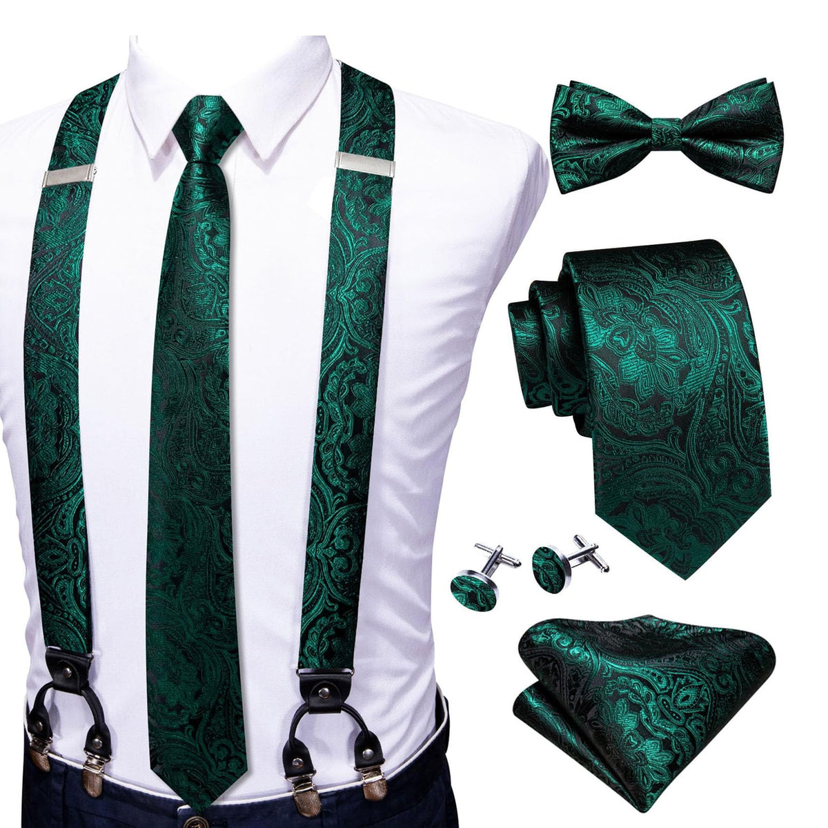YOHOWA Suspenders for Men Tie Bowtie Set Adjustable Brace Handkerchief Cufflinks Strong Clip Elastic Band Wedding Party