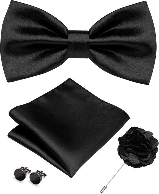 RBOCOTT Solid Color Bow Tie and Pocket Square with Lapel Pin Cufflinks Set 4PCS