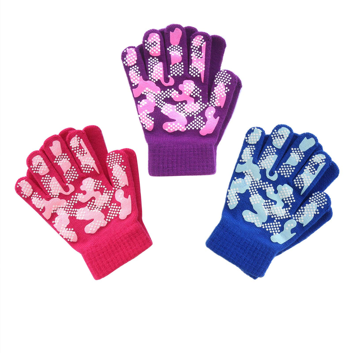 Evridwear Boys Girls Magic Stretch Gripper Gloves 3 Pair Pack Assortment, Kids One Size Winter Warm Gloves Children