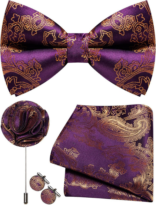 Paisley Bow Tie for Men Silk Pre-tied Bowtie and Pocket Square Set