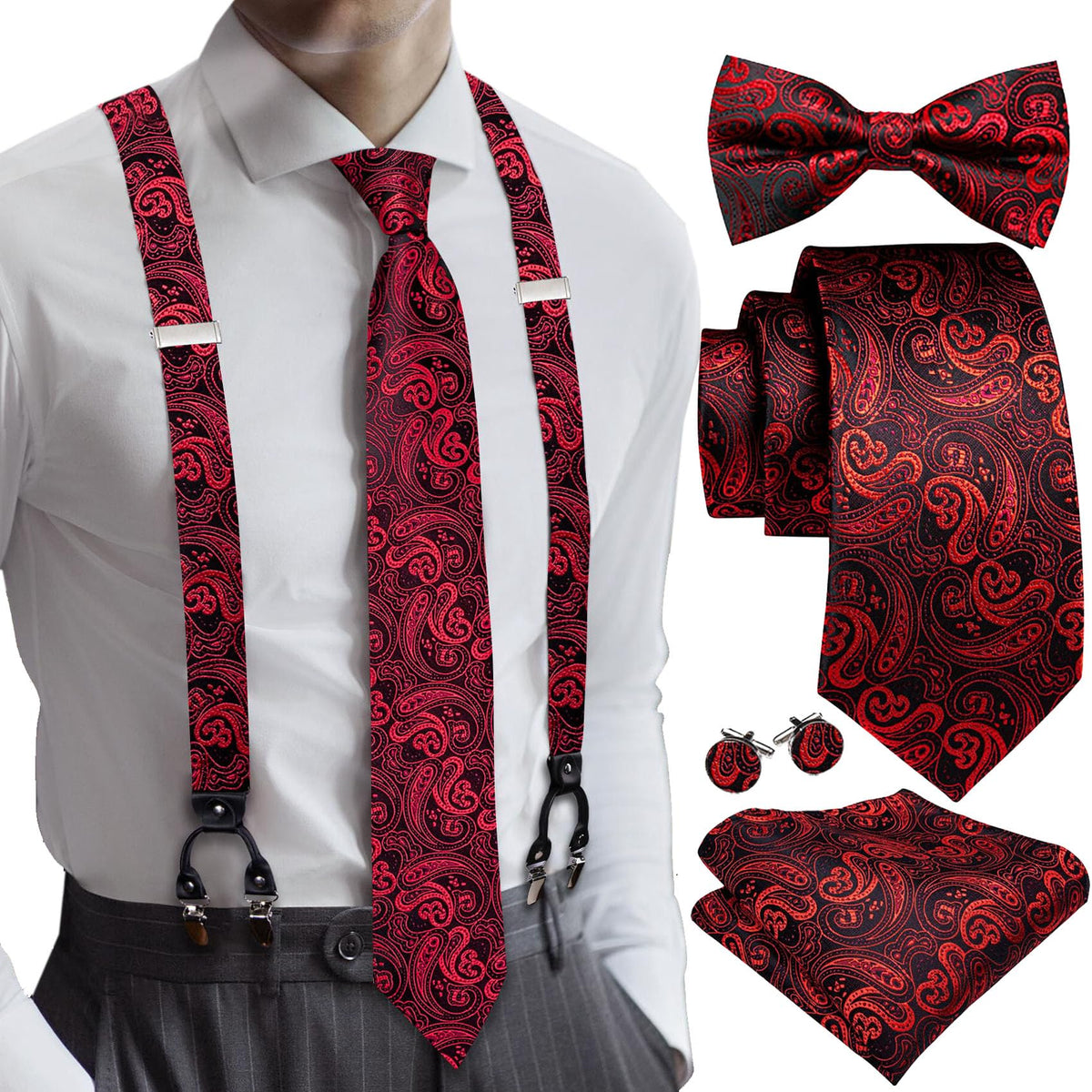YOHOWA Suspenders for Men Tie Bowtie Set Adjustable Brace Handkerchief Cufflinks Strong Clip Elastic Band Wedding Party