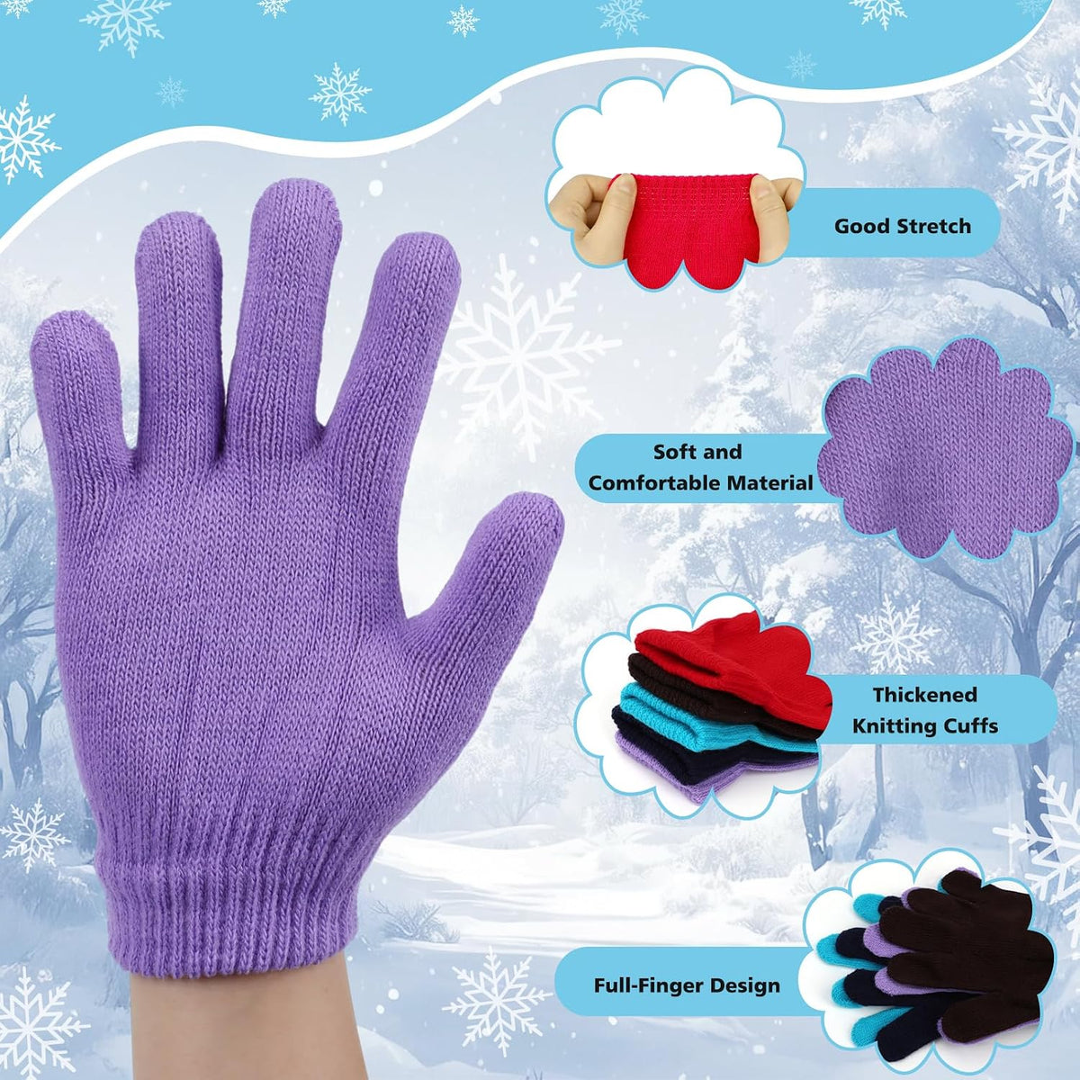 Coopay 12/24/48/100 Pairs Kids Winter Magic Gloves, Stretchy Full Finger Bulk Children Knitted Gloves for Boys Girls Student