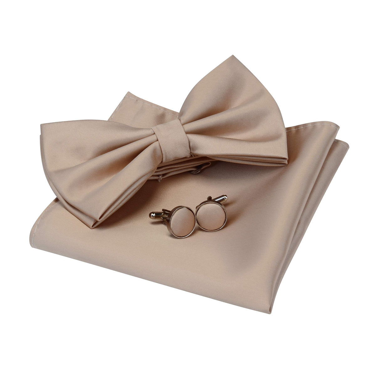 GUSLESON Mens Solid Color Double Fold Pre-tied Bow Tie and Pocket Square Cufflink Set with Gift Box