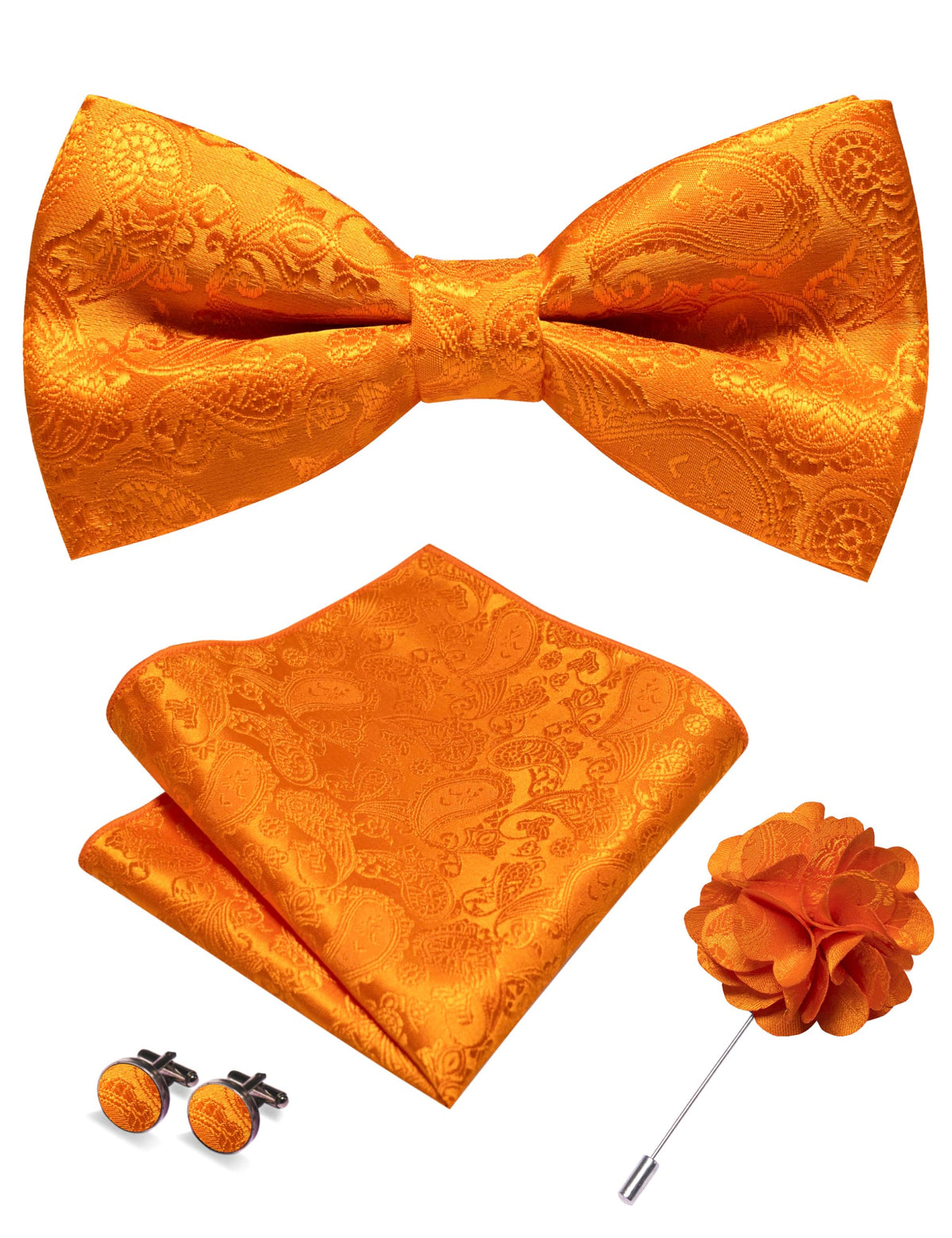 JEMYGINS Paisley Pre-tied Bow Tie and Pocket Square Cufflinks Lapel Pin Sets for Men 4PCS