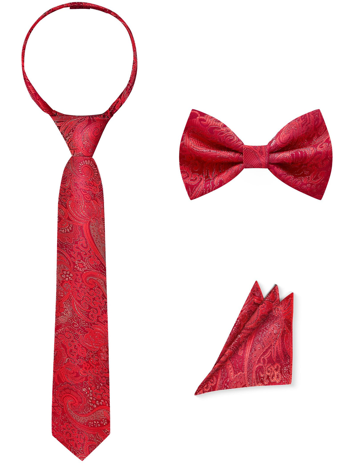 Pre-Tied Boys Set: Necktie, Bow Tie, Pocket Square | Adjustable Zipper Tie | Stain Formal Wear for Wedding Party