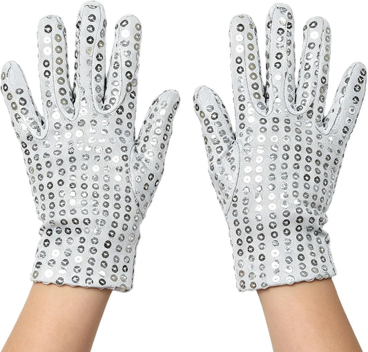 Kids Silver Sequin Gloves 80s Disco Glitter Gloves for Halloween Costume