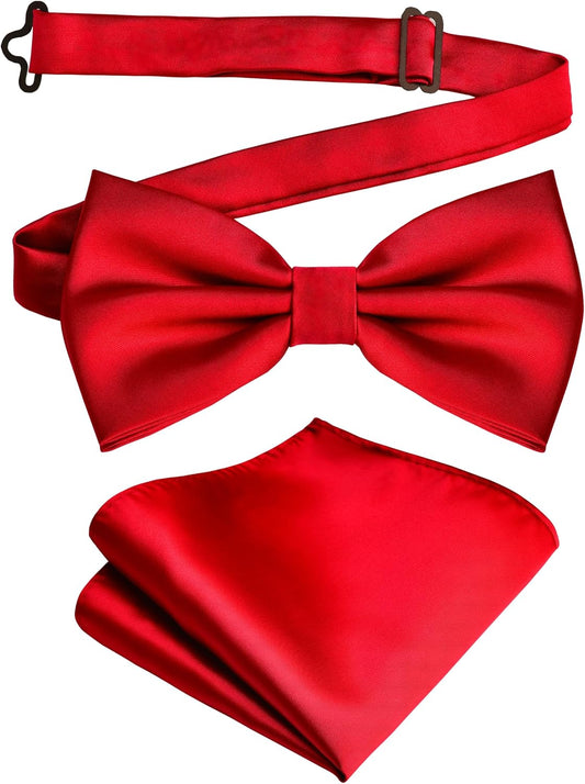 Branduce Mens Solid Color Double Fold Pre-tied Bow Tie and Pocket Square Set