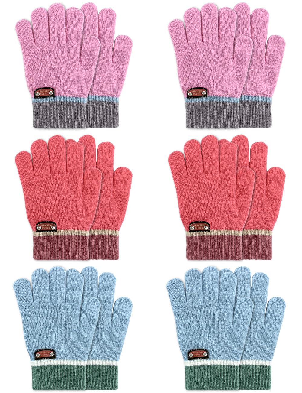 6 Pairs of Kids Gloves Knitted Wool Gloves Children Full Fingers Stretchy Warm Mittens for Boys Girls