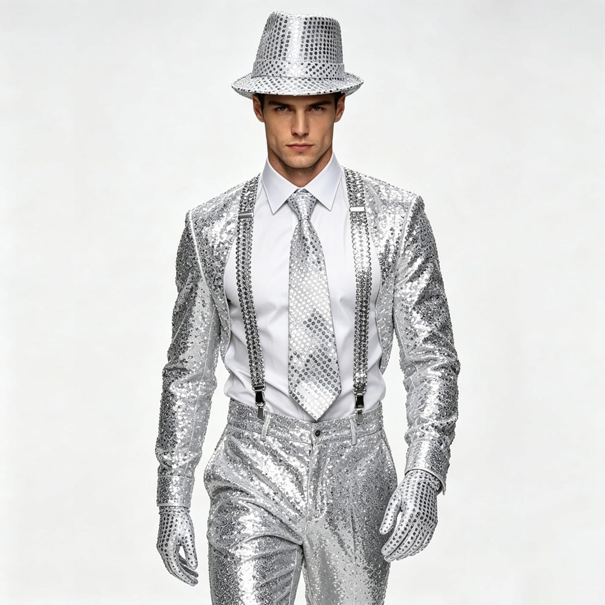 5-Pcs Silver Sequin Costume Set, Hat, Bow Tie, Necktie, Gloves, Suspenders