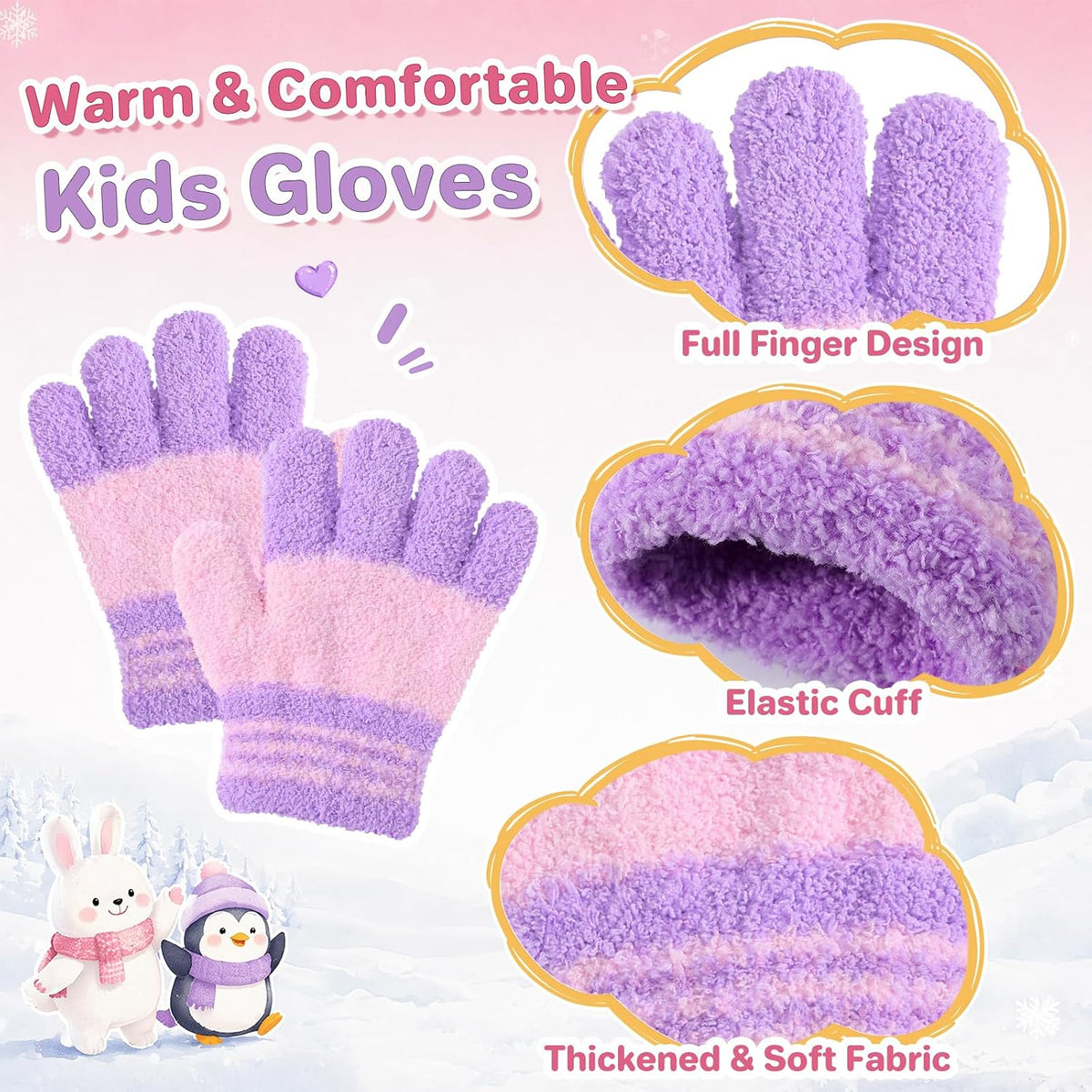 Clothclose 4 Pairs Kids Gloves, Warm Stretchy Winter Gloves for Boys Girls