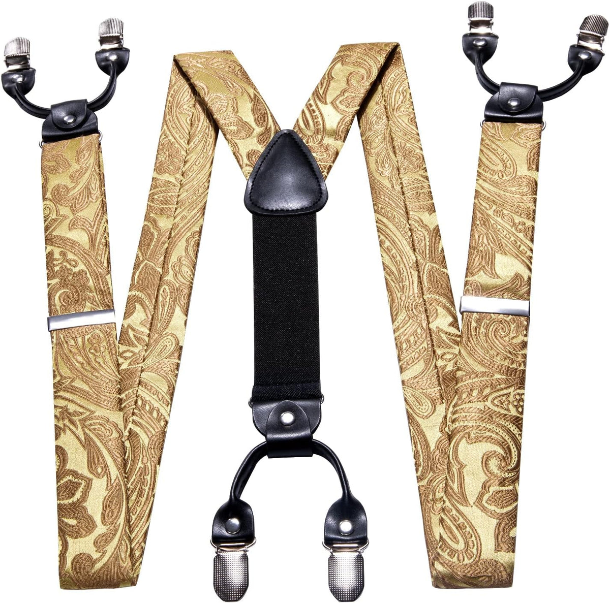 Barry.Wang Men Suspender Tie Sets Elastic Heavy 6 Clips Hanky Cufflink 5PCS