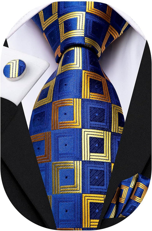Hi-Tie Mens Plaid Ties Classic Paisley Necktie with Handkerchief Cufflinks Set Business Stripe Tie