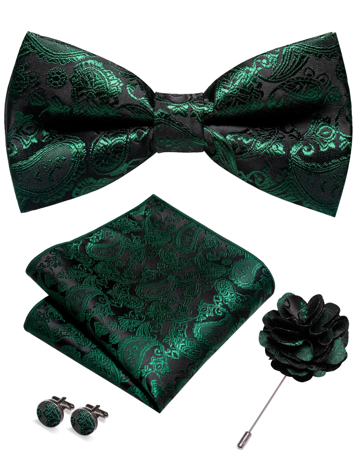 JEMYGINS Paisley Pre-tied Bow Tie and Pocket Square Cufflinks Lapel Pin Sets for Men 4PCS