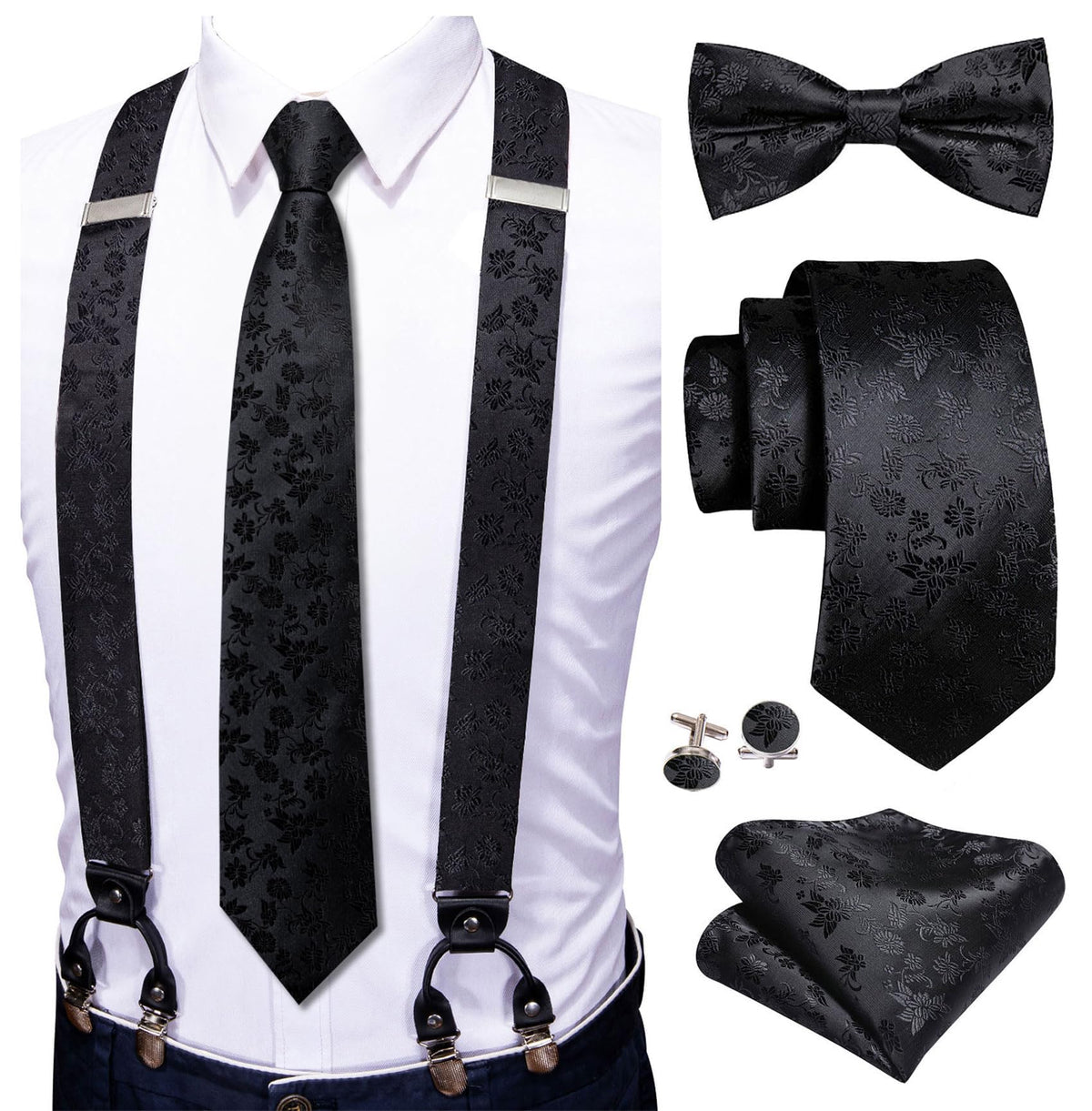 YOHOWA Suspenders for Men Tie Bowtie Set Adjustable Brace Handkerchief Cufflinks Strong Clip Elastic Band Wedding Party