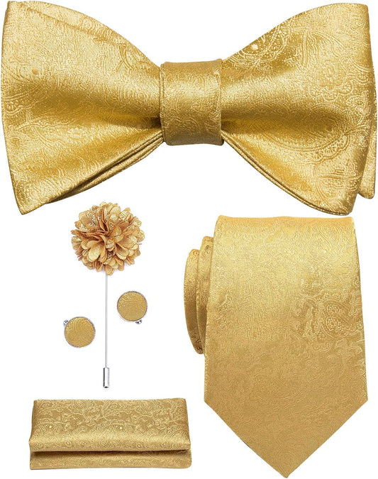 5Pcs Mens Solid Tie Satin Bowtie Lapel Pin Handkerchief Cufflink