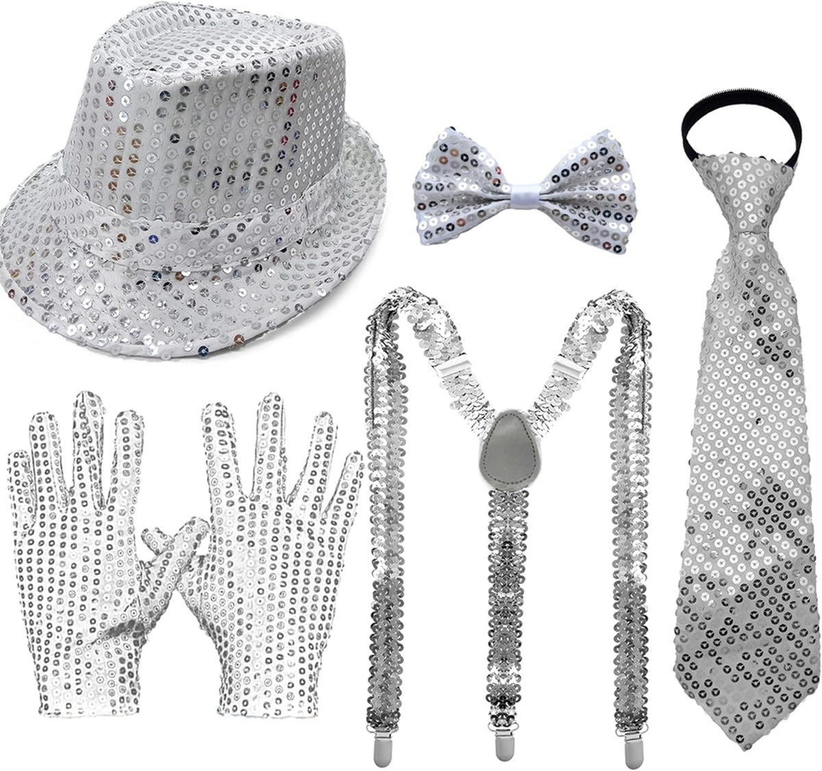 5-Pcs Silver Sequin Costume Set, Hat, Bow Tie, Necktie, Gloves, Suspenders