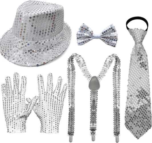 5-Pcs Silver Sequin Costume Set, Hat, Bow Tie, Necktie, Gloves, Suspenders