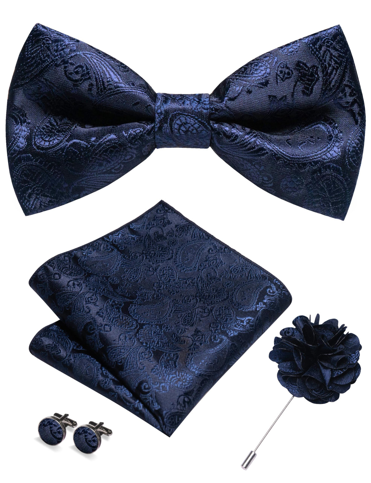 JEMYGINS Paisley Pre-tied Bow Tie and Pocket Square Cufflinks Lapel Pin Sets for Men 4PCS