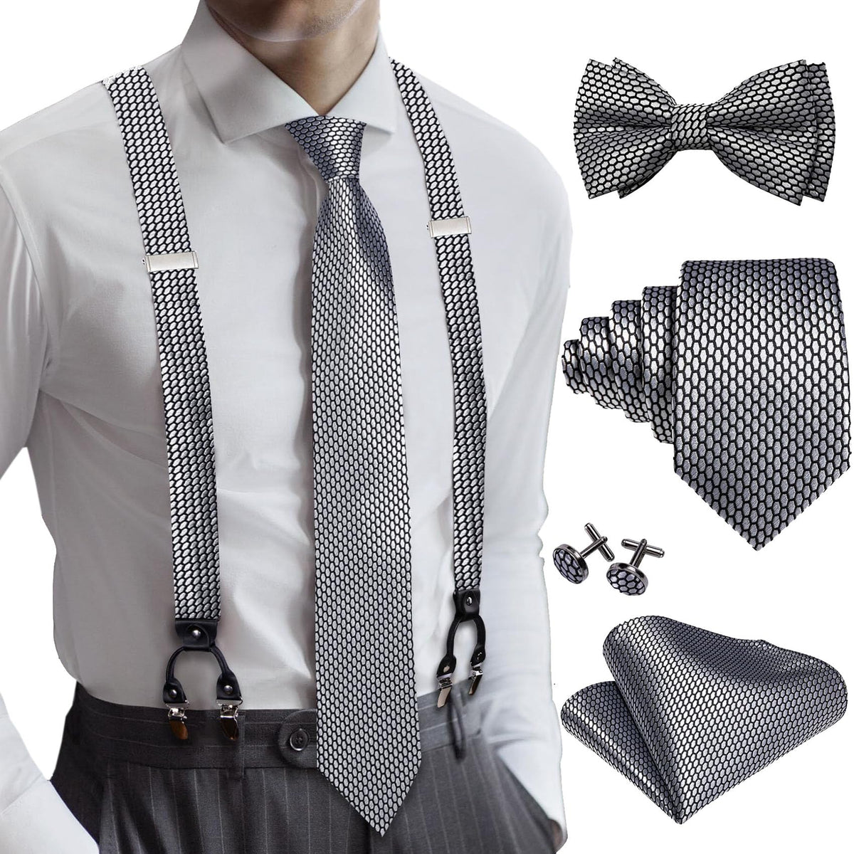YOHOWA Suspenders for Men Tie Bowtie Set Adjustable Brace Handkerchief Cufflinks Strong Clip Elastic Band Wedding Party