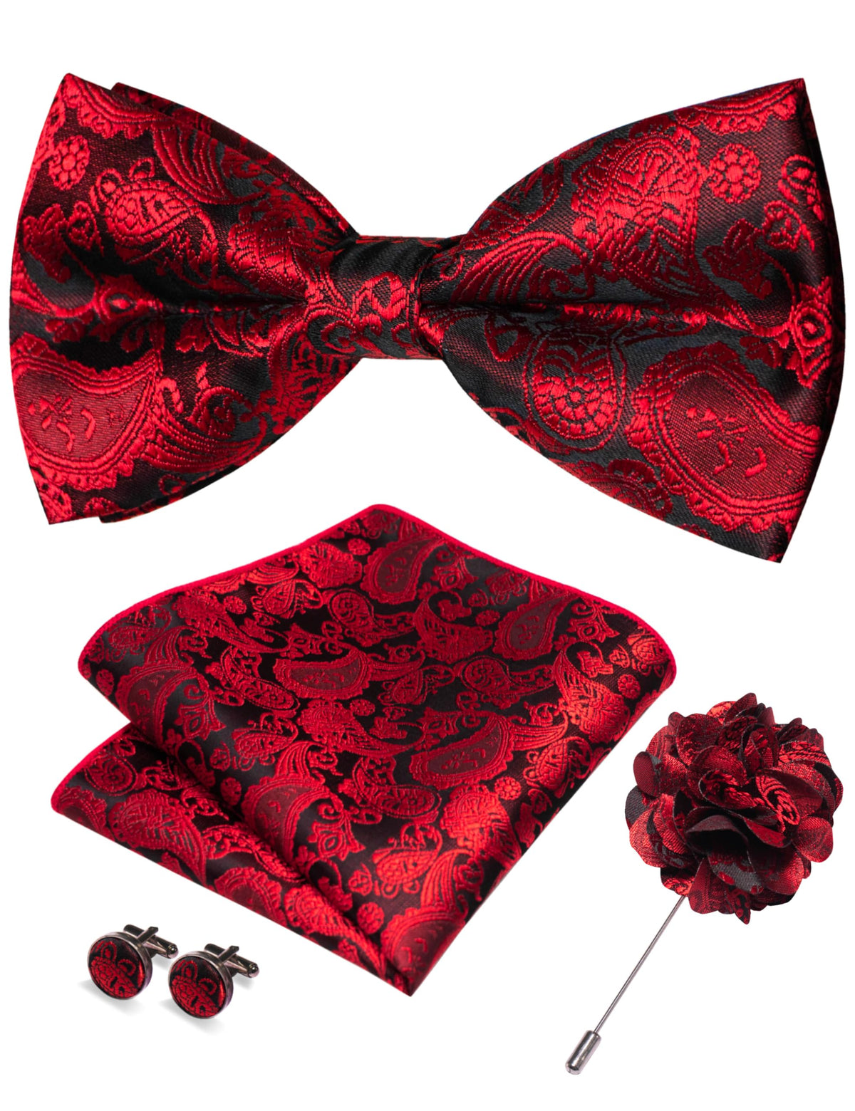 JEMYGINS Paisley Pre-tied Bow Tie and Pocket Square Cufflinks Lapel Pin Sets for Men 4PCS
