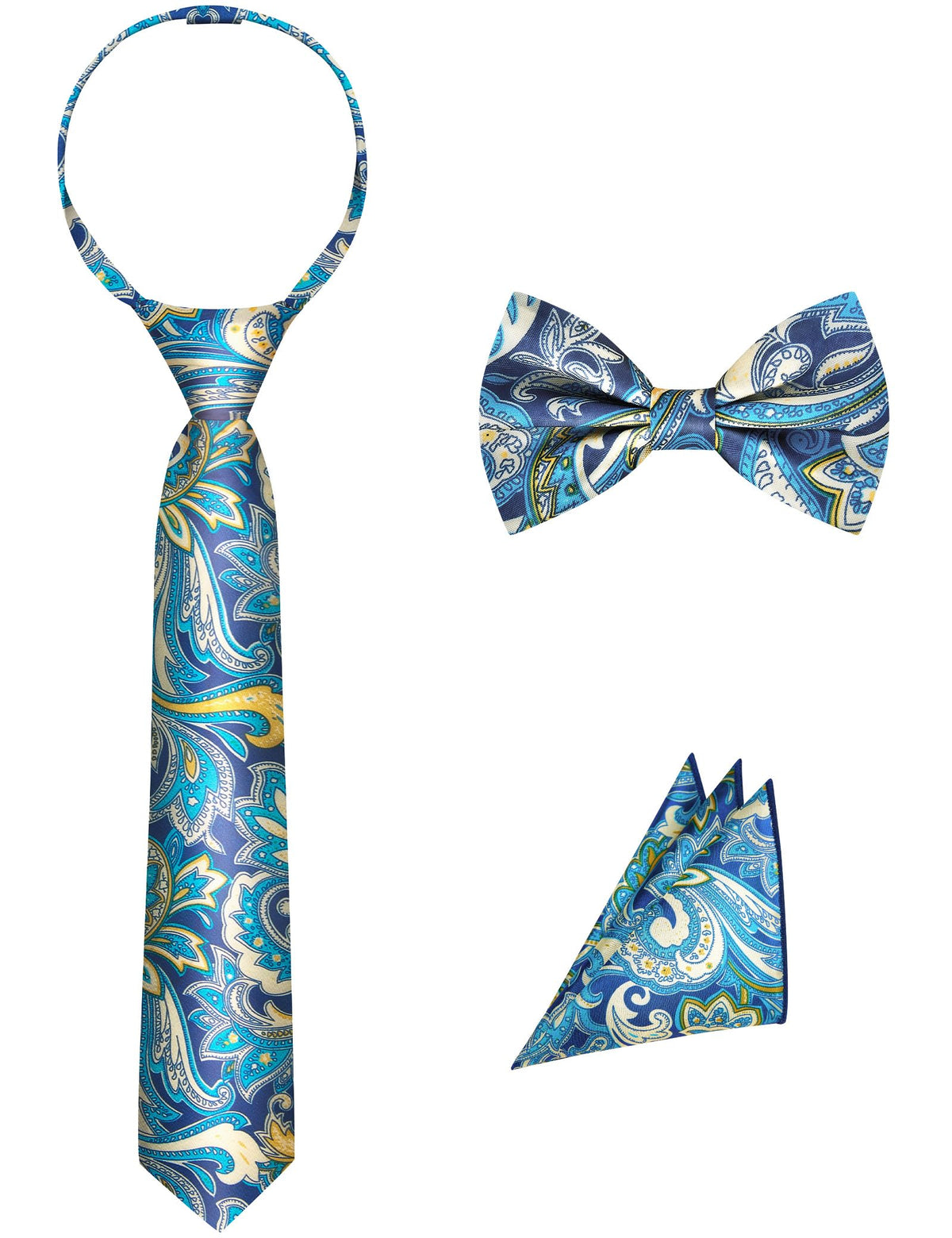 Pre-Tied Boys Set: Necktie, Bow Tie, Pocket Square | Adjustable Zipper Tie | Stain Formal Wear for Wedding Party