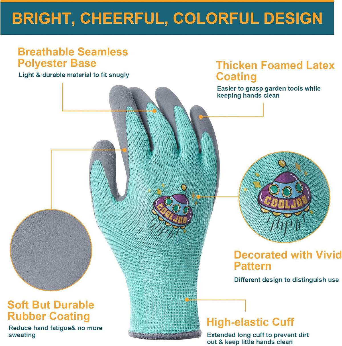 COOLJOB 3 Pairs Kids Gardening Gloves for Age 6-8, Children Grippy Rubber Coated Garden Work Gloves, Orange & Green & Yellow, Medium Size (3 Pairs M)