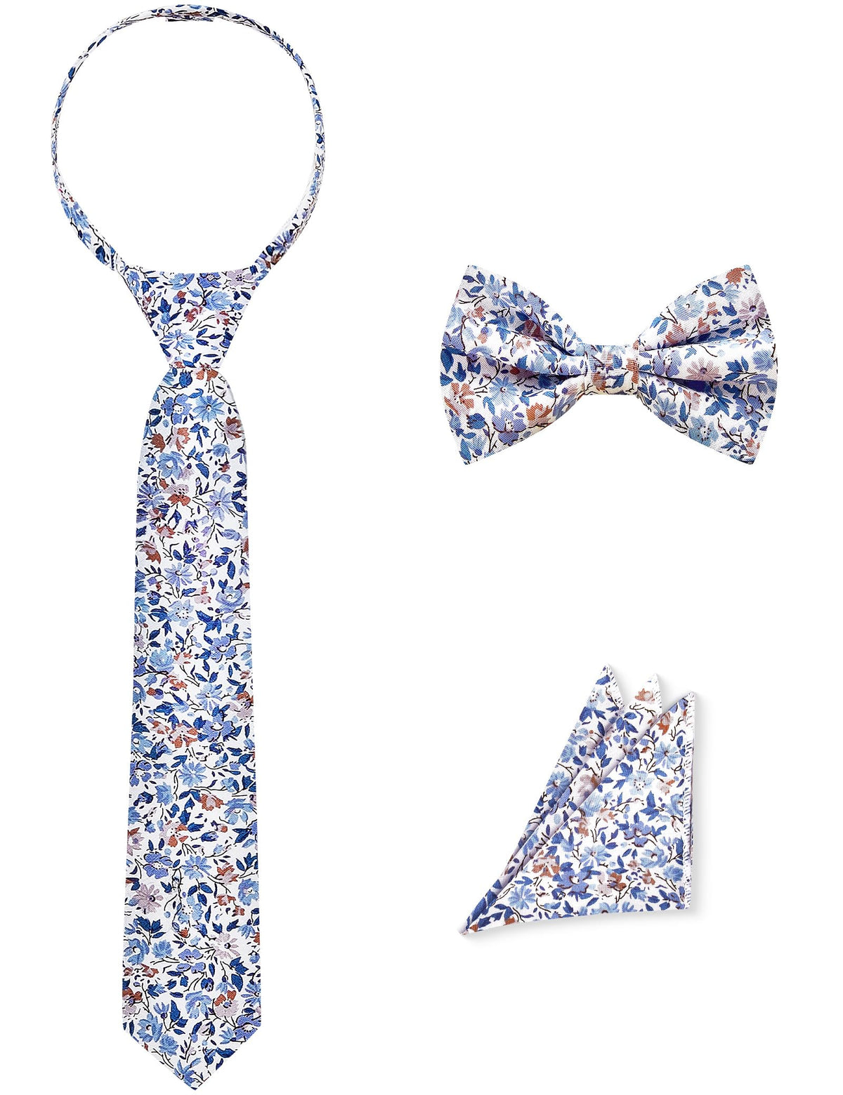 Pre-Tied Boys Set: Necktie, Bow Tie, Pocket Square | Adjustable Zipper Tie | Stain Formal Wear for Wedding Party