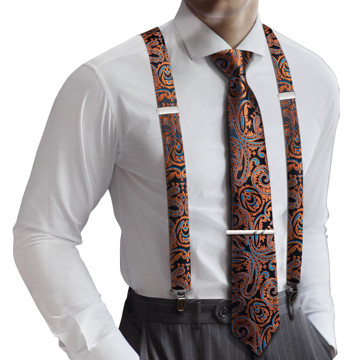 Barry.Wang Men Suspender Tie Sets Elastic Heavy 6 Clips Hanky Cufflink 5PCS