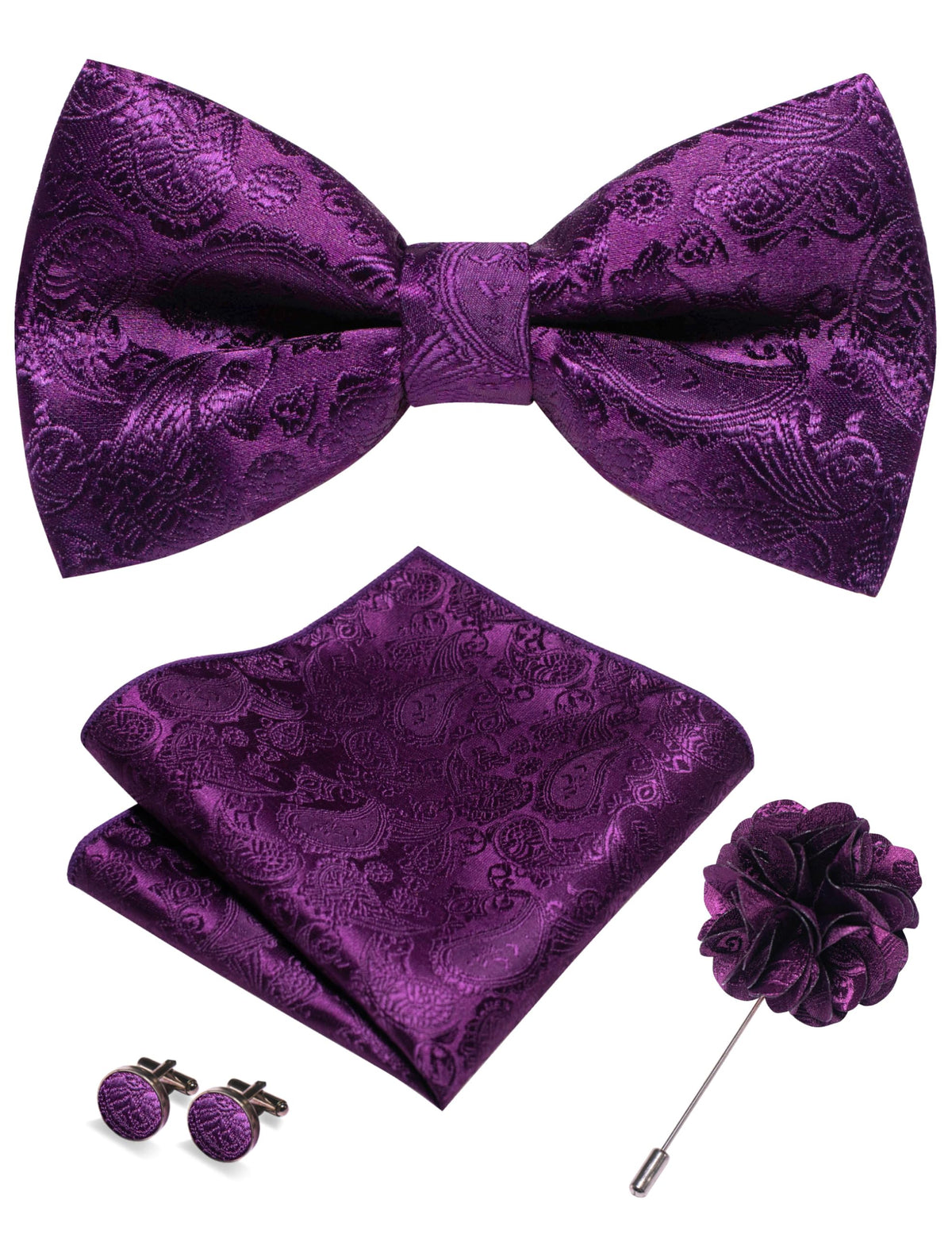 JEMYGINS Paisley Pre-tied Bow Tie and Pocket Square Cufflinks Lapel Pin Sets for Men 4PCS
