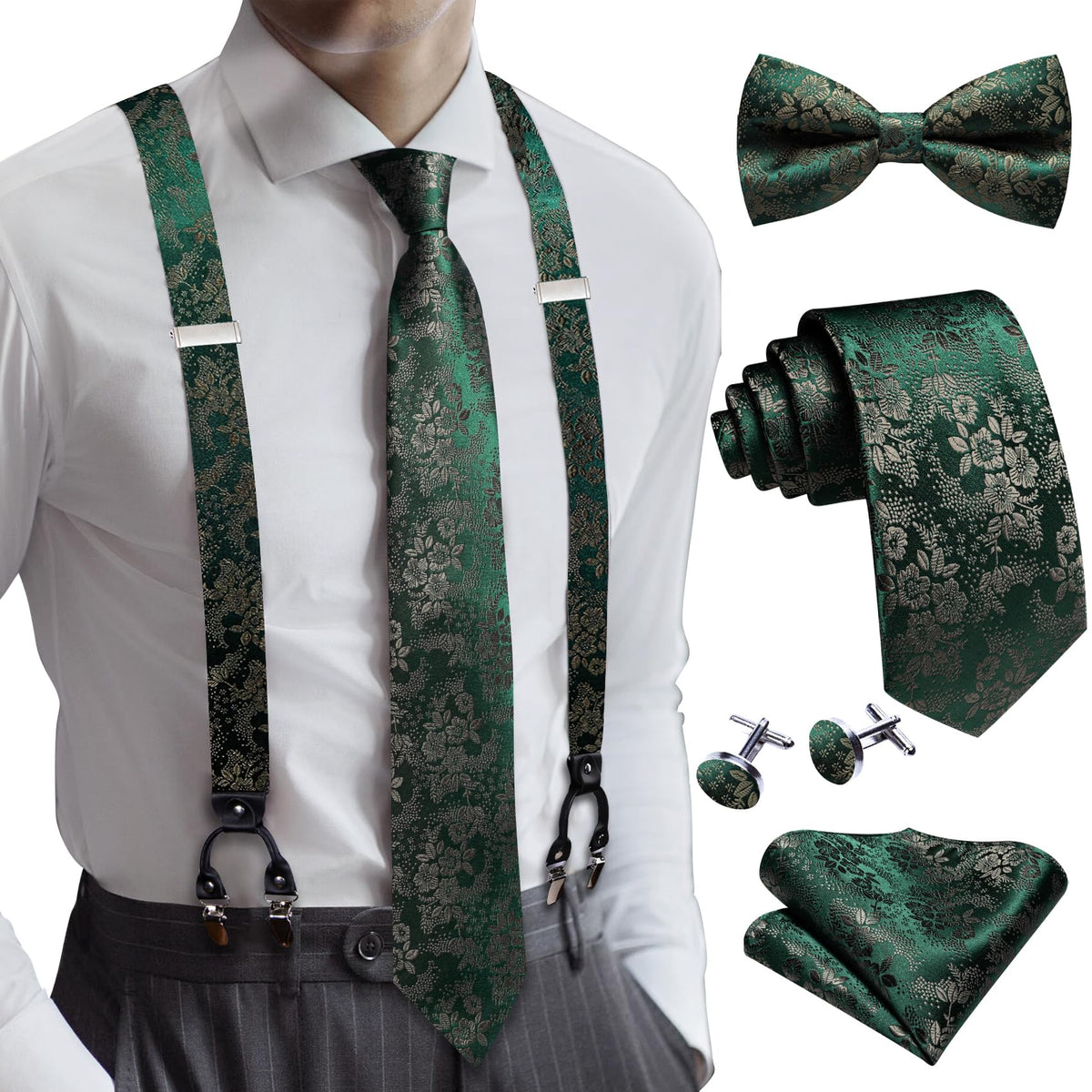 YOHOWA Suspenders for Men Tie Bowtie Set Adjustable Brace Handkerchief Cufflinks Strong Clip Elastic Band Wedding Party