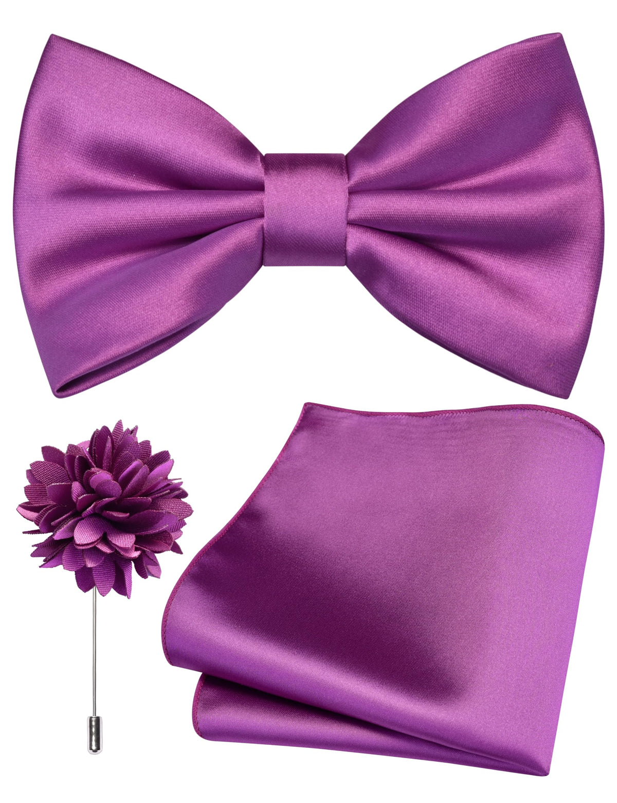 Branduce Solid Color Pre-tied Bow Tie and Pocket Square Lapel Pin Set for Men