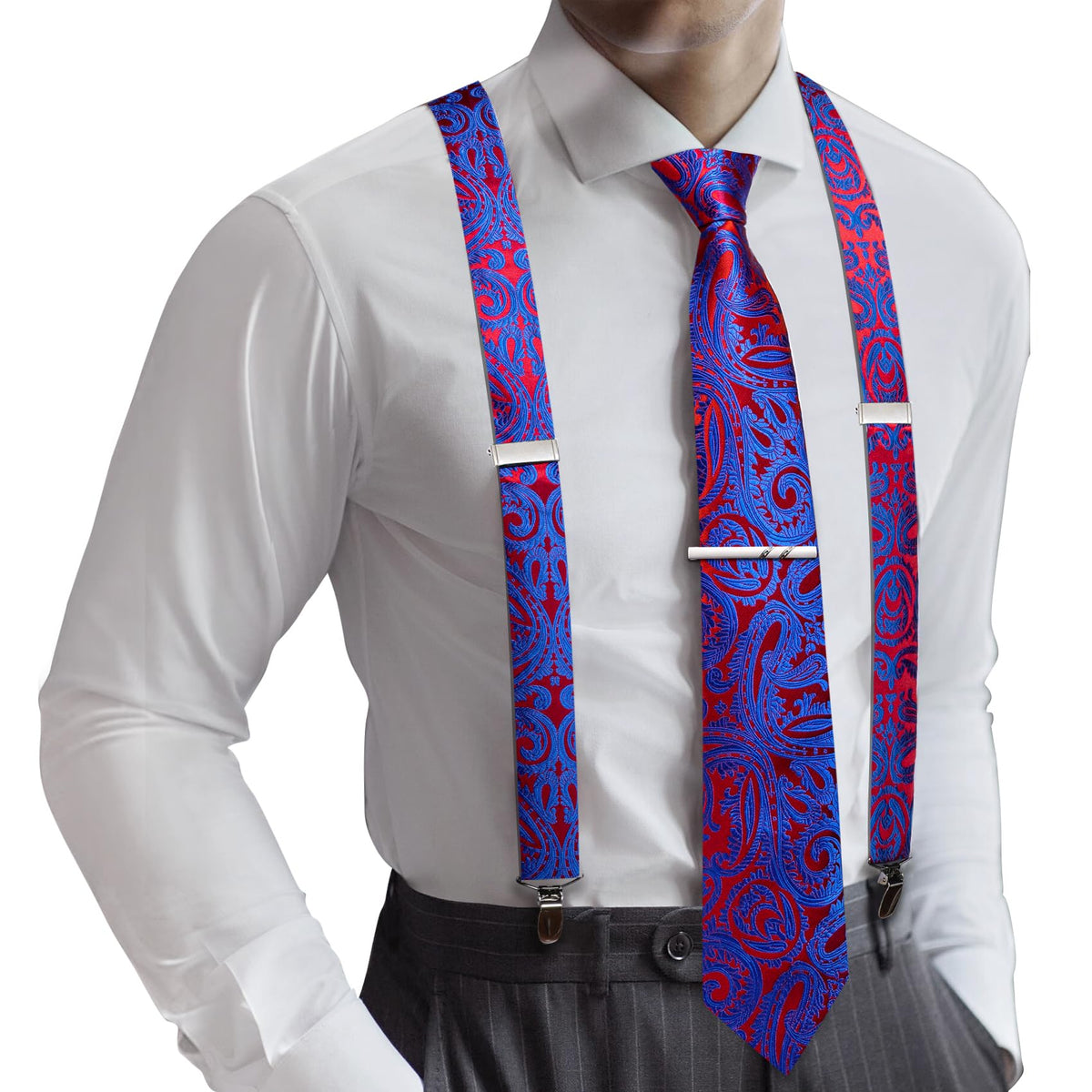 Barry.Wang Men Suspender Tie Sets Elastic Heavy 6 Clips Hanky Cufflink 5PCS