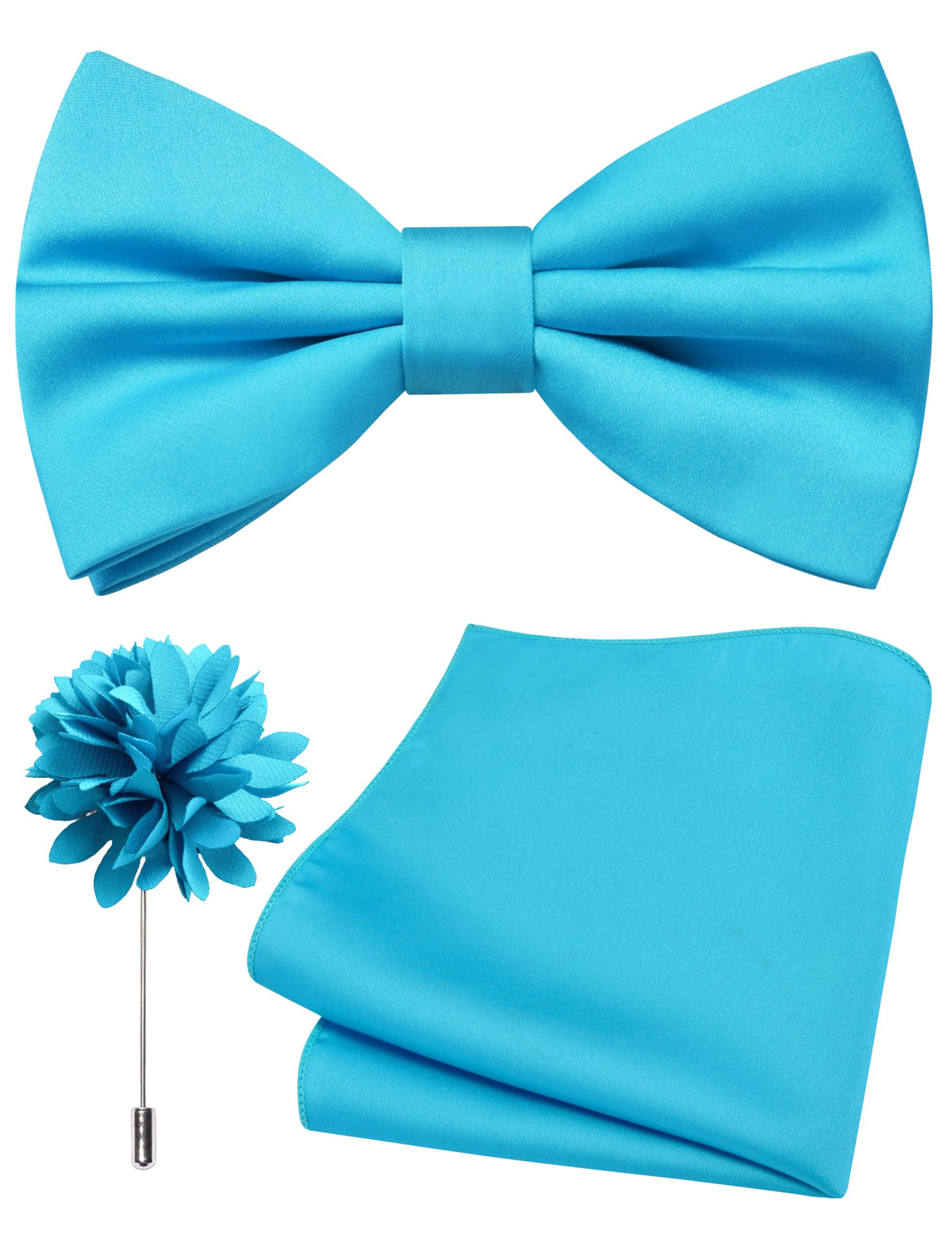 Branduce Solid Color Pre-tied Bow Tie and Pocket Square Lapel Pin Set for Men