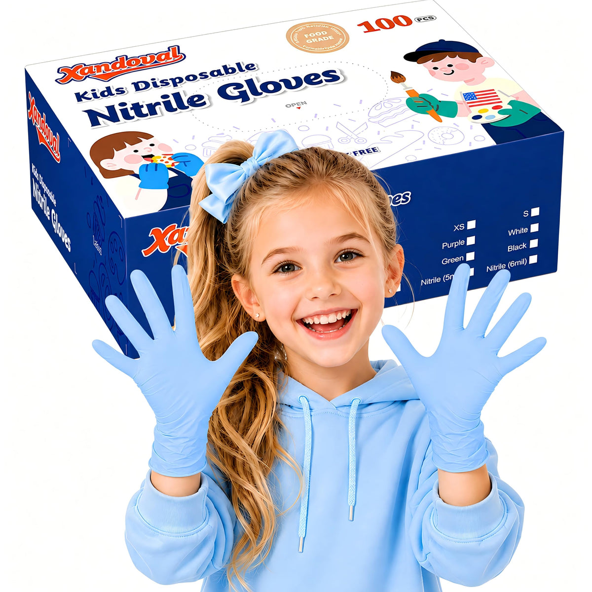 Kids Disposable Gloves, 5-Mil Safe Blue Nitrile, XS, 100Ct